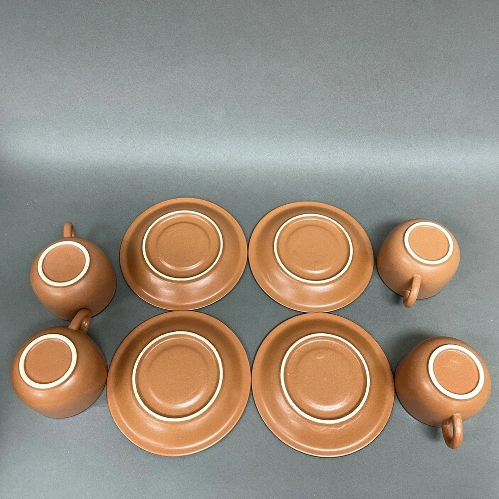 Vintage Brown Green‎ Trim Cups and Saucers Mexico? Lot of 8